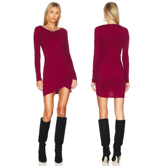 Bobi Supreme Jersey Bodycon Mini Dress Ruched Surplice Long Sleeve Pinot Size S - Picture 1 of 11